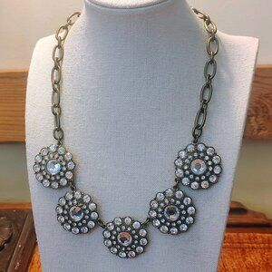 Vtg J. Crew Gold Tone Clear Rhinestone Statement Necklace Signed Adjustable